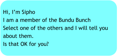 Hi, Im Sipho I am a member of the Bundu Bunch Select one of the others and I will tell you about them. Is that OK for you?